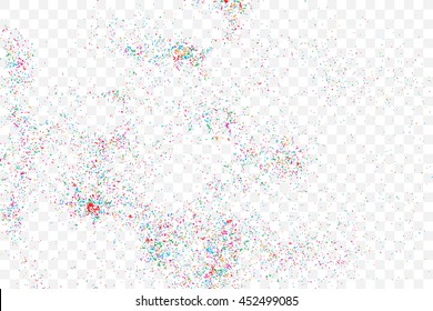 Colorful explosion of confetti. Isolated on transparent background. Colored glitter and sprinkles. Grainy abstract holiday illustration. Multi colored texture.