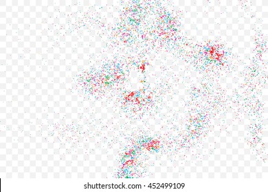 Colorful explosion of confetti. Isolated on transparent background. Colored glitter and sprinkles. Grainy abstract holiday illustration. Multi colored texture.
