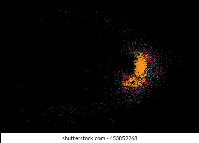 Colorful explosion of confetti. Isolated on black background. Coloured glitter and sprinkles. Grainy abstract holiday illustration. Multi colored texture.