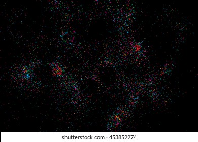 Colorful explosion of confetti. Isolated on black background. Coloured glitter and sprinkles. Grainy abstract holiday illustration. Multi colored texture.