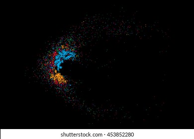 Colorful explosion of confetti. Isolated on black background. Coloured glitter and sprinkles. Grainy abstract holiday illustration. Multi colored texture.