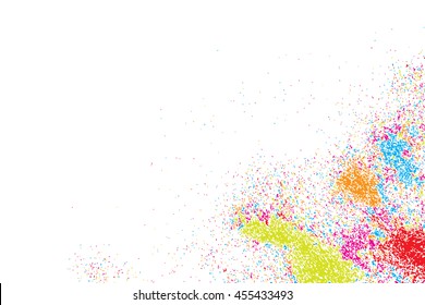 Colorful explosion of confetti. Isolated on white background. Coloured glitter and sprinkles. Grainy abstract holiday illustration. Multi colored texture.