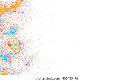 Colorful explosion of confetti. Isolated on white background. Coloured glitter and sprinkles. Grainy abstract holiday illustration. Multi colored texture.