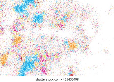 Colorful explosion of confetti. Isolated on white background. Coloured glitter and sprinkles. Grainy abstract holiday illustration. Multi colored texture.