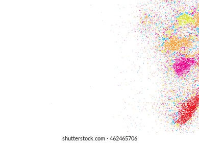 Colorful explosion of confetti. Isolated on white background. Coloured glitter and sprinkles. Grainy abstract holiday illustration. Multi colored texture.