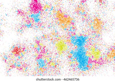 Colorful explosion of confetti. Isolated on white background. Coloured glitter and sprinkles. Grainy abstract holiday illustration. Multi colored texture.