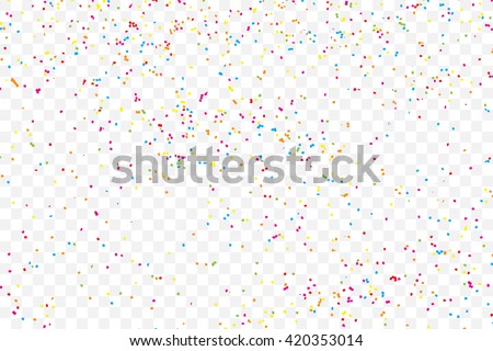 Colorful explosion of confetti. Isolated on transparent background. Colored glitter and sprinkles. Grainy abstract holiday illustration. Multi colored texture.