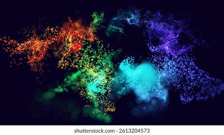 Colorful Explosion of Digital Particles on Dark Background, Perfect for Music, Tech, Creativity, or Science Concepts. Abstract Flow and Energy Visual. Vector Illustration.