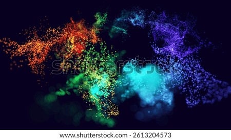 Colorful Explosion of Digital Particles on Dark Background, Perfect for Music, Tech, Creativity, or Science Concepts. Abstract Flow and Energy Visual. Vector Illustration.