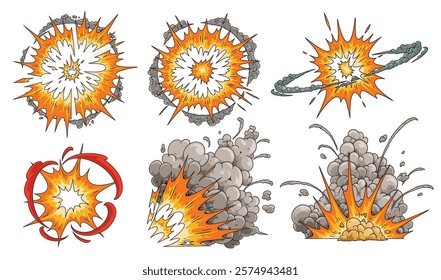 Colorful explosion effects showcasing different styles and intensities. Each design illustrates unique bursts with flames and smoke perfect for animations or comics.