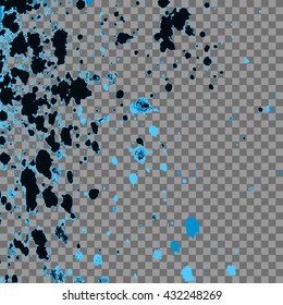 Colorful explosion of paint splatter. Isolated on transparent gray background. Colored glitter and sprinkles. Glowing spray stains abstract background, vector illustration.