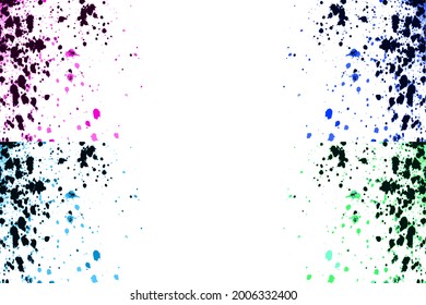 Colorful Explosion Watercolor Paint Splatter Isolated On White. Black, Pink, Blue, Green Neon Colors Spray Stains Border Frame Abstract Background, Vector Illustration Set