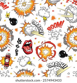 Colorful explosions and comic-style graphics fill the background. Elements like clouds bombs and text create an energetic and lively design perfect for various artistic applications.