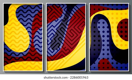 Triptyque expressionniste coloré. Surface texturée à partir de formes abstraites ondulées. Trois images dans des cadres fins blancs. Oeuvre de l'auteur. Image vectorielle.