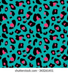 Colorful extravagant seamless leopard pattern in black, aqua and pink