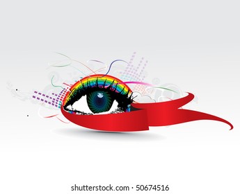 colorful eye with abstract rainbow wave background, vector illustration