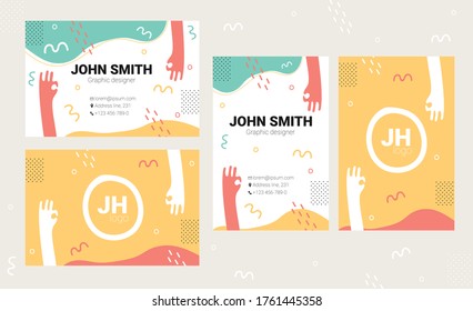 Colorful, eye catching business name card design. Different hand drawn shapes, lines and hands. Unusual, creative business card design template. Horizontal and vertical card variations. Bright colors