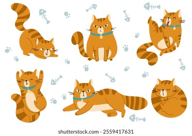 Colorful and eye catching illustrations of playful orange cats displaying various adorable poses and expressions