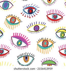 Colorful eye drawings with lashes. Seamless pattern repeating texture background design for fashion graphics, textile prints, fabrics, wallpapers.