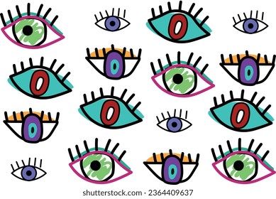 Colorful eye drawings with lashes. Seamless pattern repeating texture background design for fashion graphics, textile prints, fabrics, wallpapers.