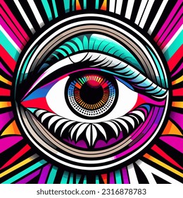 Farbiges Auge auf schwarz-weißem Hintergrund. Psychedelische Vektorgrafik.