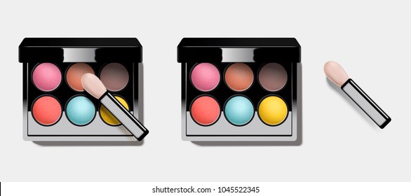 Colorful eye shadow set, top view of multicolor palette in 3d illustration