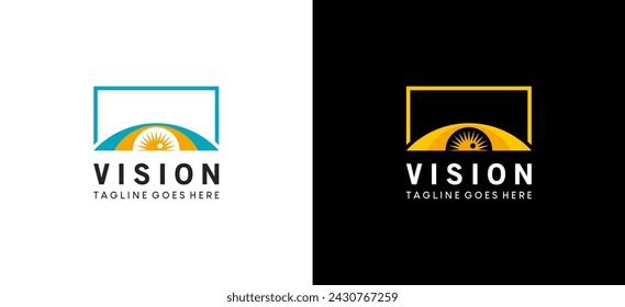 Diseño colorido del logotipo de la vista del ojo con el sol. Imagen oftalmológica con logo de espía