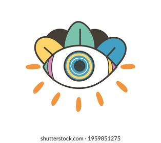 Colorful eye talisman as an occultism and prophecy sacred symbol. Eye of providence, mysterious talisman. Concept of religious, magical and esoteric sign. Flat cartoon vector illustration