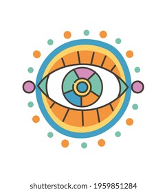 Colorful eye talisman as an occultism and prophecy sacred symbol. Eye of providence, mysterious talisman. Concept of religious, magical and esoteric sign. Flat cartoon vector illustration