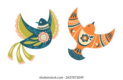 Colorful and Eyecatching Decorative Birds Depicted in an Intricate Folk Art Style