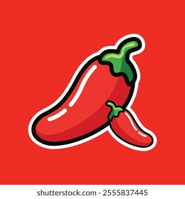 A colorful and eye-catching illustration of two red chili peppers with green stems on a red background. Perfect for food-related designs, spicy themes, and culinary projects.