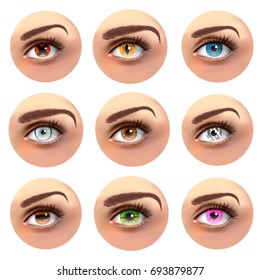 Colorful eyes with different pupils including cross, heart, line set of round icons isolated vector illustration