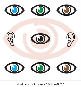 colorful eyes and ears on a white background