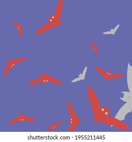 Colorful Eyes Gothic Sky Art Flying Bats Fabrics. Chaos Scary Purple Attack Halloween Modern Design. Creepy Red Spooky Grey Motion Bats Vector Illustration. Pink Print Night Retro Wallpaper.