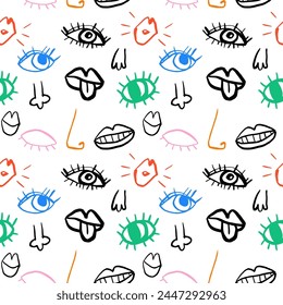 Coloridos ojos, labios, narices patrón sin fisuras en azul, verde, rosa, naranja, colores negros, dibujado a mano peculiar fondo de Vector de garabato