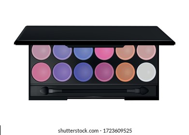 colorful eyeshadow palette, mascara brush, make-up brush and lipstic.