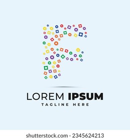 Colorful f letter logo template with polka dot circle and square shape pixel