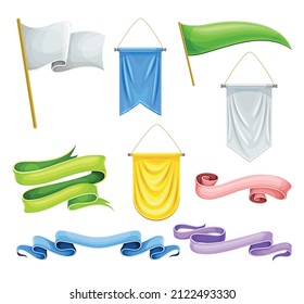 Colorful fabric flags, pennants, ribbons set. Blank advertising banners vector illustration