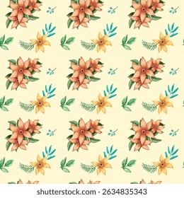 Colorful fabric with a floral pattern in shades of pink, orange, yellow, and blue. Retro Scandinavian floral pattern in pastel colors for wallpaper, fabric, print, print, pattern, seamless