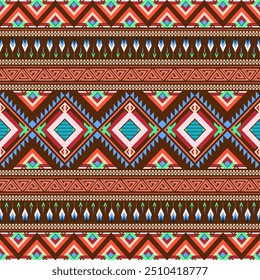The colorful fabric pattern features abstract geometric shapes and Navajo patterns. Seamless graphic print pattern in a tribal art style. Suitable for textiles, skirts, sleeve edges, and carpets.
