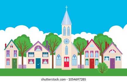 Colorful facades of the houses on a city street cartoon Stock vector illustration