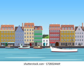 Colorful facades of old houses in a North Europe fishing village, vector illustration.