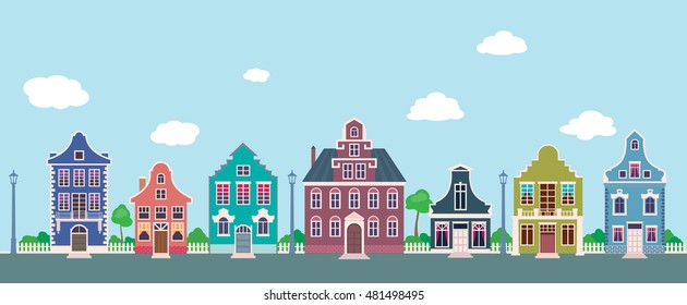 Colorful facades of the old houses on a city street cartoon Stock vector illustration