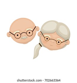 colorful face of elderly couple bald grandfather with moustache and grandmother with glasses and side ponytail hairstyle vector illustration