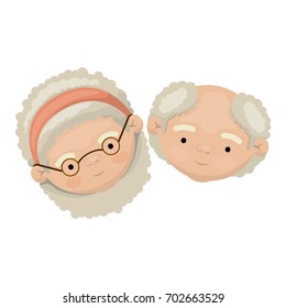 colorful face of elderly couple grandmother with bow lace curly hairstyle and grandfather with few beard hair vector illustration