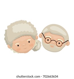 colorful face of elderly couple grandmother with curly collected side hairstyle and grandfather with beard and glasses vector illustration