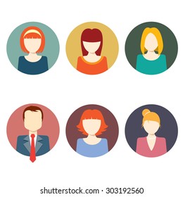 Colorful Faces Circle Icons Set - Flat Style