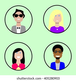 Colorful Faces Circle Icons Set in Trendy Flat Style