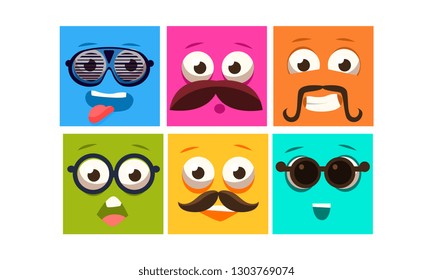 Colorful faces with different emotions set, square emoticons, emoji vector Illustration