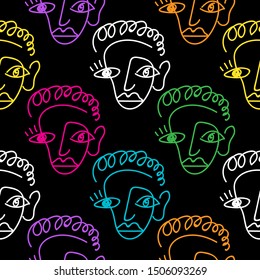 Colorful faces vector seamless pattern. Line art. Black background.